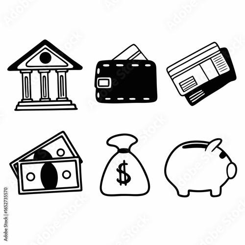 Illustration of financial icons including bank, wallet, credit card, money bag, and piggy bank isolated on white background