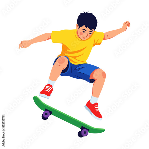 Young boy riding skateboard, sports activity for kids, flat cartoon vector illustration