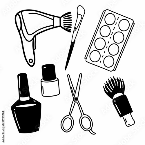 Beauty salon tools and cosmetics set isolated on white background for hair care, makeup, manicure and spa treatment in minimalist style