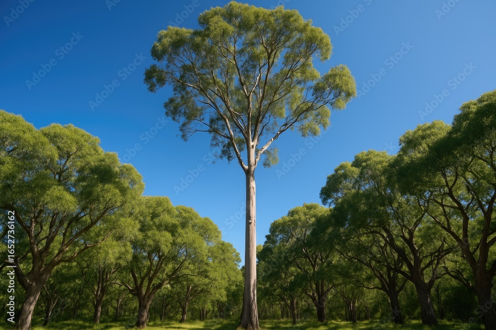 Fototapeta premium Looking up at a tall Eucalyptus tree extending into the vibrant sky within an old forest