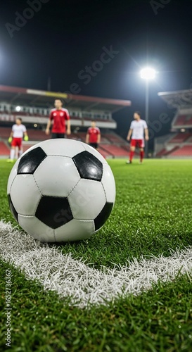 soccer ball on green grass, Soccer ball close-up on green grass field.Soccer Ball on Corner Kick Line in Stadium Night Match. Stadium, players, corner line. Sport competition, goal, game, championship