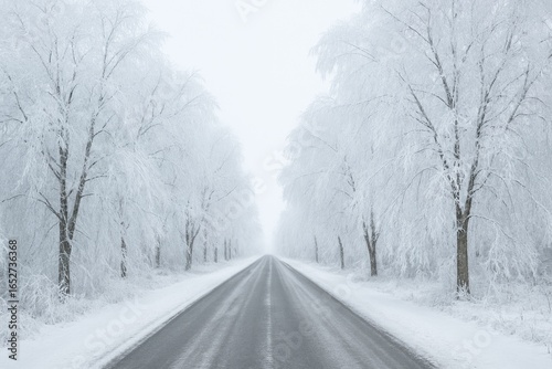 Tree branches coated in ice along a roadway amidst a harsh weather condition