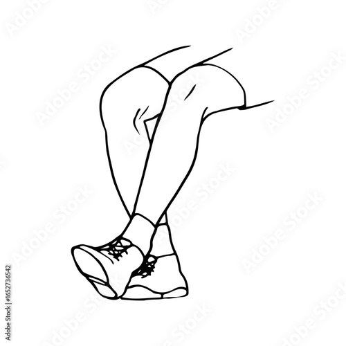 handsome male legs in shorts, socks and boots, lower half of body of sitting slim man close up - hand drawn doodle sketch