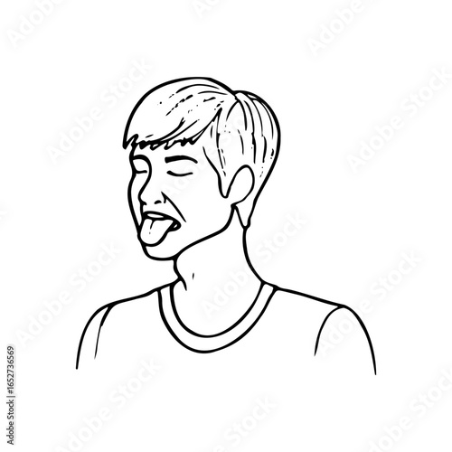 male portrait with eyes closed and tongue hanging out - hand drawn doodle sketch