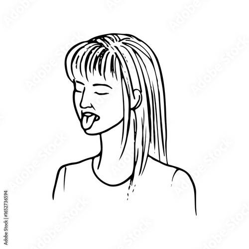female portrait with eyes closed and tongue out - hand drawn doodle sketch