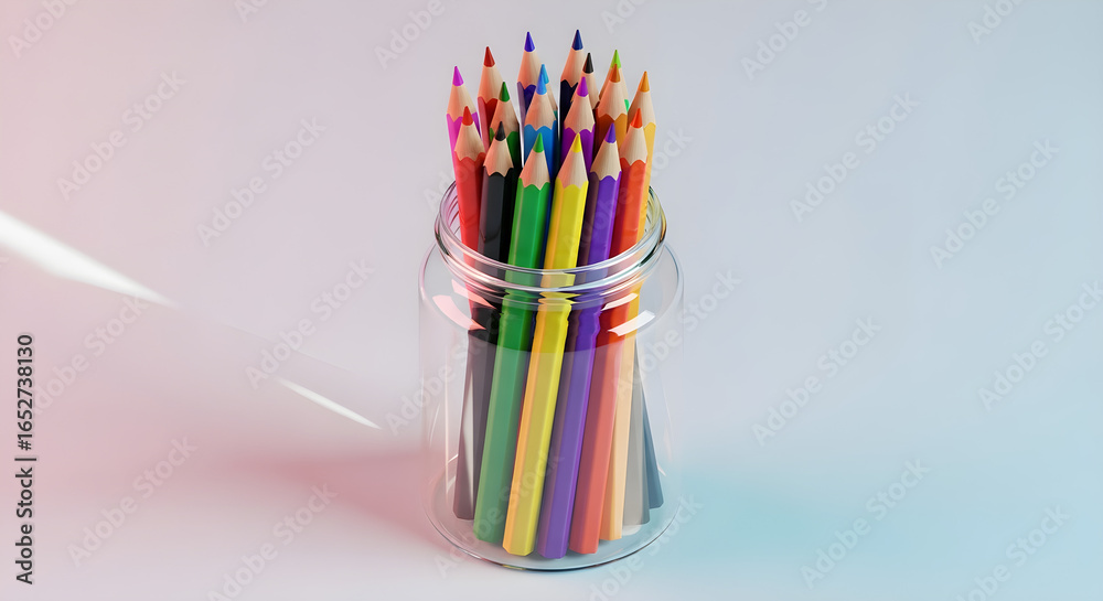 Obraz premium A vibrant collection of sharpened colored pencils standing upright in a clear glass jar.