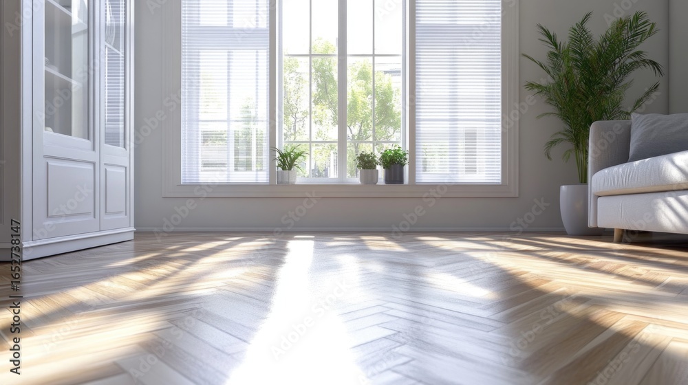 Fototapeta premium Bright and airy living room with wooden flooring