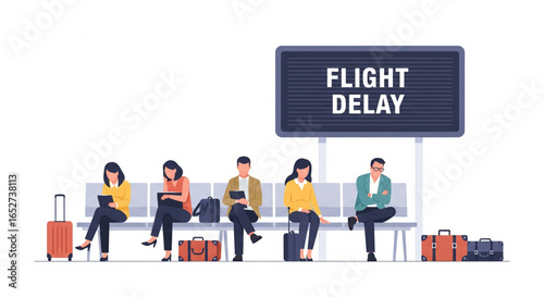Passengers sit in an airport terminal, facing a flight delay announcement, waiting.