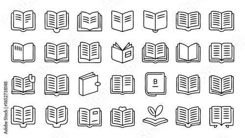 Collection of diverse book icons representing reading, learning, and knowledge in simple line art