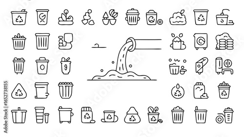 Waste management illustration featuring various types of garbage and pollution sources icons