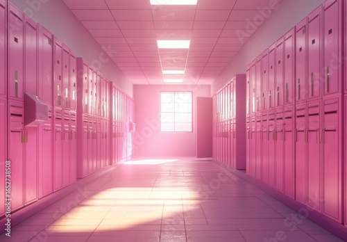 Pink school hallway with lockers