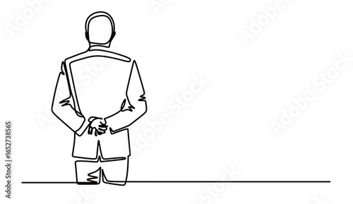 continuous line art of a man clenching and holding his hands behind his waist
