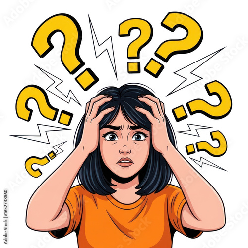 Confused woman with question marks isolated on transparent background