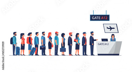 A line of people waiting in an airport, ready to board a flight.