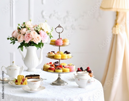Elegant English afternoon tea setup in a bright vintage tea room, featuring a three-tier dessert tower with assorted pastries including colorful macarons, fruit tarts, scones with clotted cream.