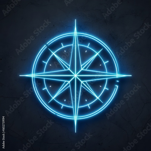 
Minimalist Neon Blue Compass Symbol Glowing on a Dark Textured Wall