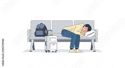 A weary traveler rests on a bench, luggage nearby, in a waiting area.