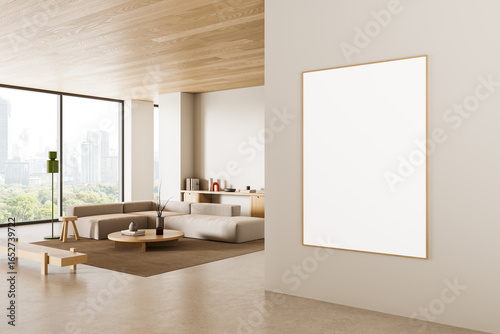 Modern interior with framed blank poster on beige wall in bright minimalist living room with city view through large windows and clean natural design concept. 3D Rendering