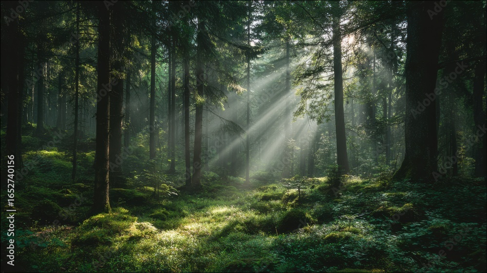 Fototapeta premium Tranquil Forest Scene with Sunlight Rays Shining Through Lush Green Trees in a Serene Natural Environment