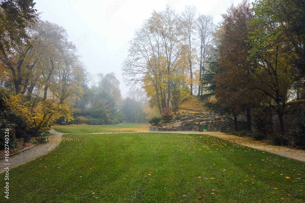 Naklejka premium Vibrant Autumn Park Landscape with Trees and Grass