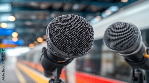 Closeup of microphones at train station platform with for news conference or report.