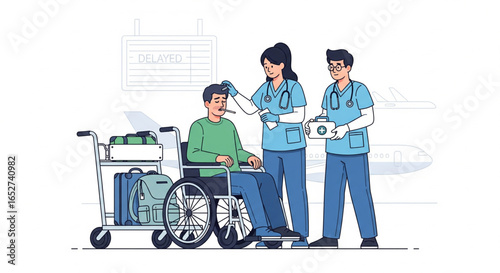 Medical personnel checking a passenger's temperature at an airport.