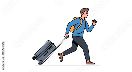 Anxious man running with suitcase and backpack, possibly late for travel or transportation.