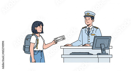 A young woman hands her travel documents to a uniformed officer behind a counter.