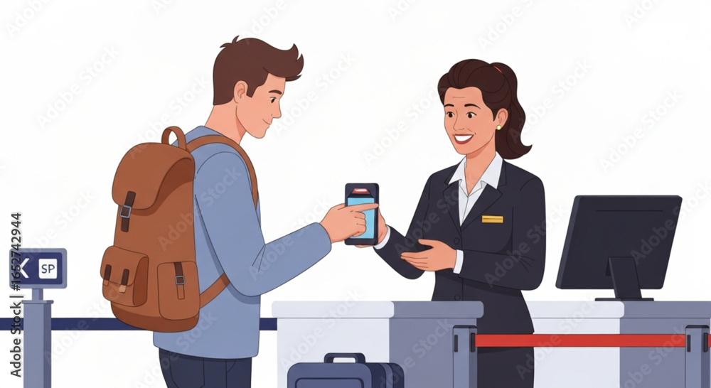 Obraz premium Traveler showing digital ticket on smartphone to airport staff at check-in counter.