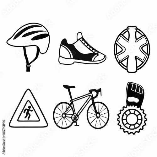 Bicycle accessories and equipment icons isolated on white background, including helmet, shoe, gear, sign, bike, light, and other essential items
