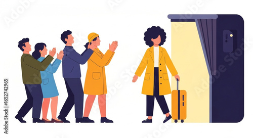 A group of people applauding as a woman with a suitcase exits a photo booth.