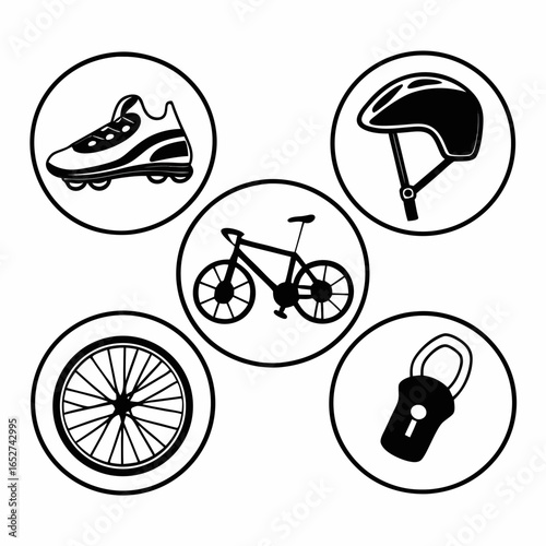 A set of bicycle equipment including helmet, shoe, wheel, lock and bike isolated on white background