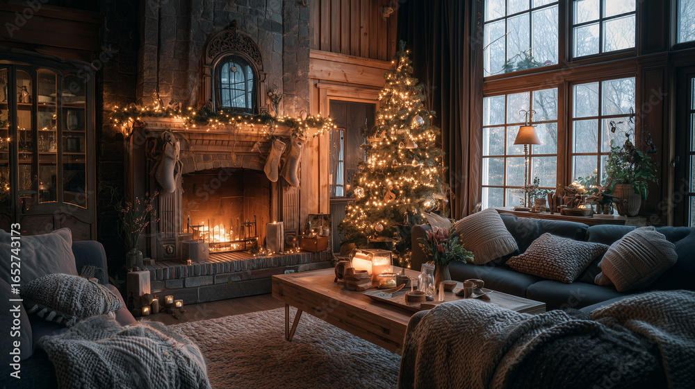 Fototapeta premium Cozy living room with fireplace and Christmas tree