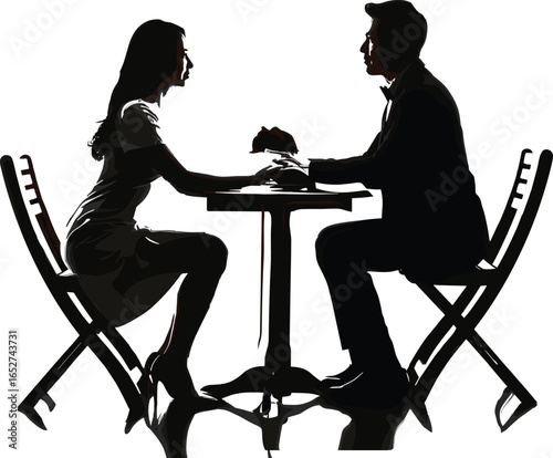 Couple sitting at table, romantic silhouette scene, holding hands, date night moment, black vector art, white background, elegant interaction, minimal design