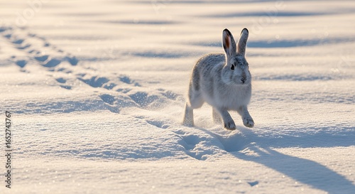 Snowshoe Hare Running and Kicking Up Snow in Winter Sunlight