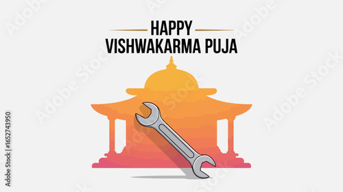 Happy Vishwakarma Puja Celebration with Temple and Tools