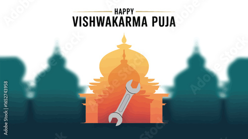 Happy Vishwakarma Puja Celebration with Temple and Tools