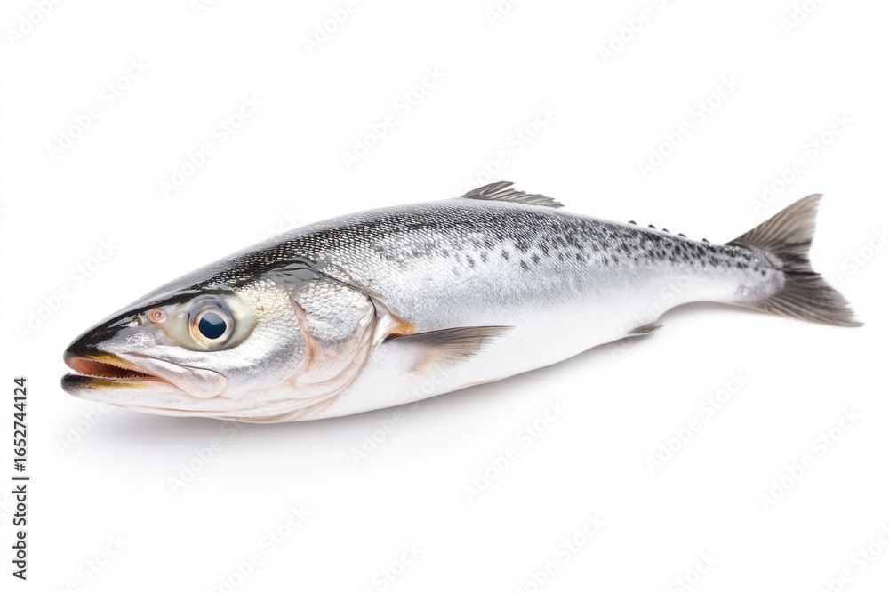 Fototapeta premium Fresh whole salmon fish with silvery scales and clear eyes isolated on white background. Healthy seafood ingredient concept.