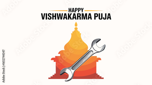 Happy Vishwakarma Puja Celebration with Temple and Tools