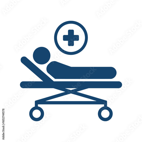 Hospital stretcher icon with reclining patient and medical cross—black and white illustration symbolizing emergency care and patient mobility