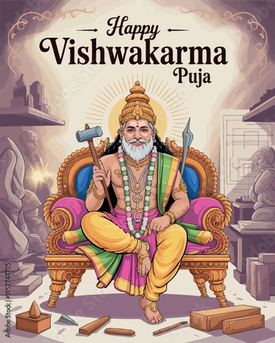 Happy Vishwakarma Puja Poster with Lord Vishwakarma Illustration