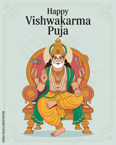 Happy Vishwakarma Puja Poster with Lord Vishwakarma Illustration