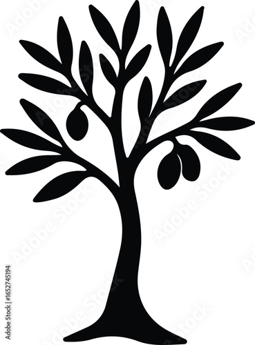 Vector Illustrator Olive Tree with Fruits Black and White Silhouette