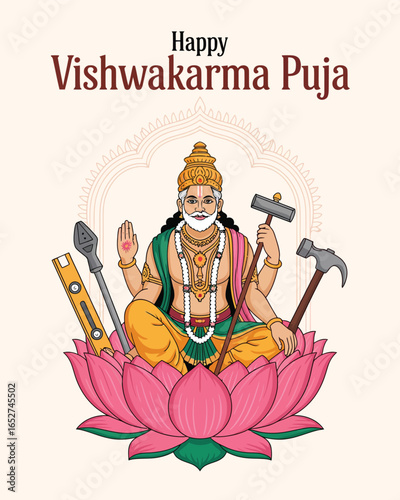 Happy Vishwakarma Puja Poster with Lord Vishwakarma Illustration