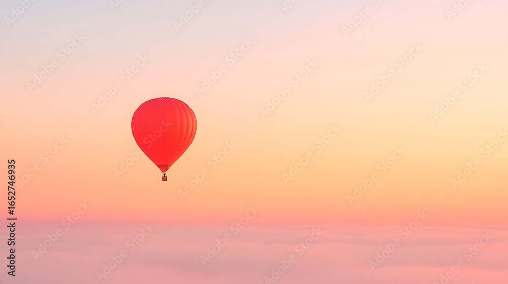 Obraz premium Lone red hot air balloon ascends through soft sunset sky