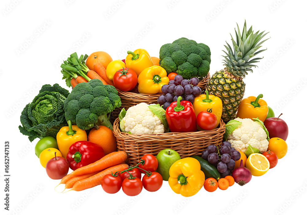 Abundant assortment of fresh fruits and vegetables isolated on transparent background Abundant assortment of fresh fruits and vegetables isolated on transparent background