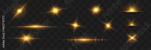 Set of light effects: warm flash, shining star and sun glare on dark background. Vector graphics.