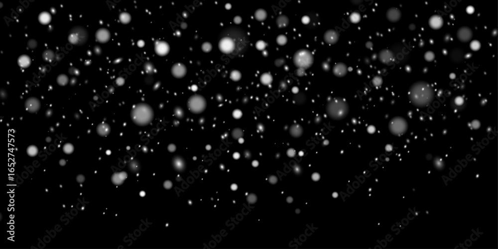 Fototapeta premium Snowfall on a dark background with blurred snowflakes swirling in the air. Winter storm and night snow effect. Vector.