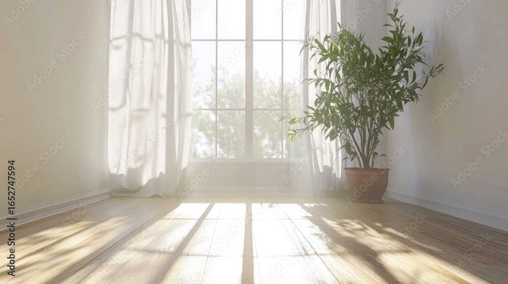 Fototapeta premium Bright sunlight fills a room with a potted plant