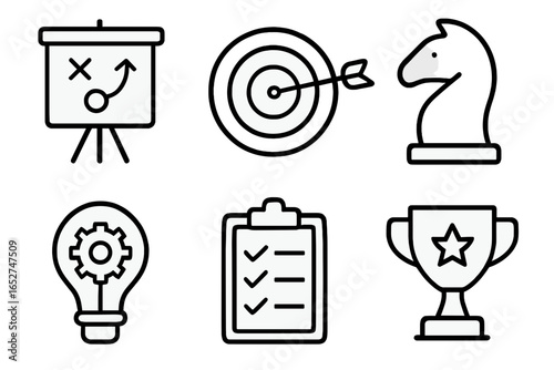 Business icons representing strategy, achievement, and planning strategy goal icons